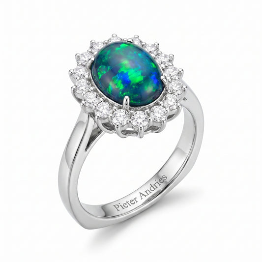 Black Opal & Diamond White Gold Halo Ring No. 388