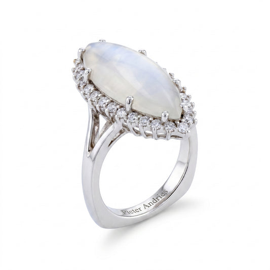 Moonstone & Diamond White Gold Halo Ring No. 076