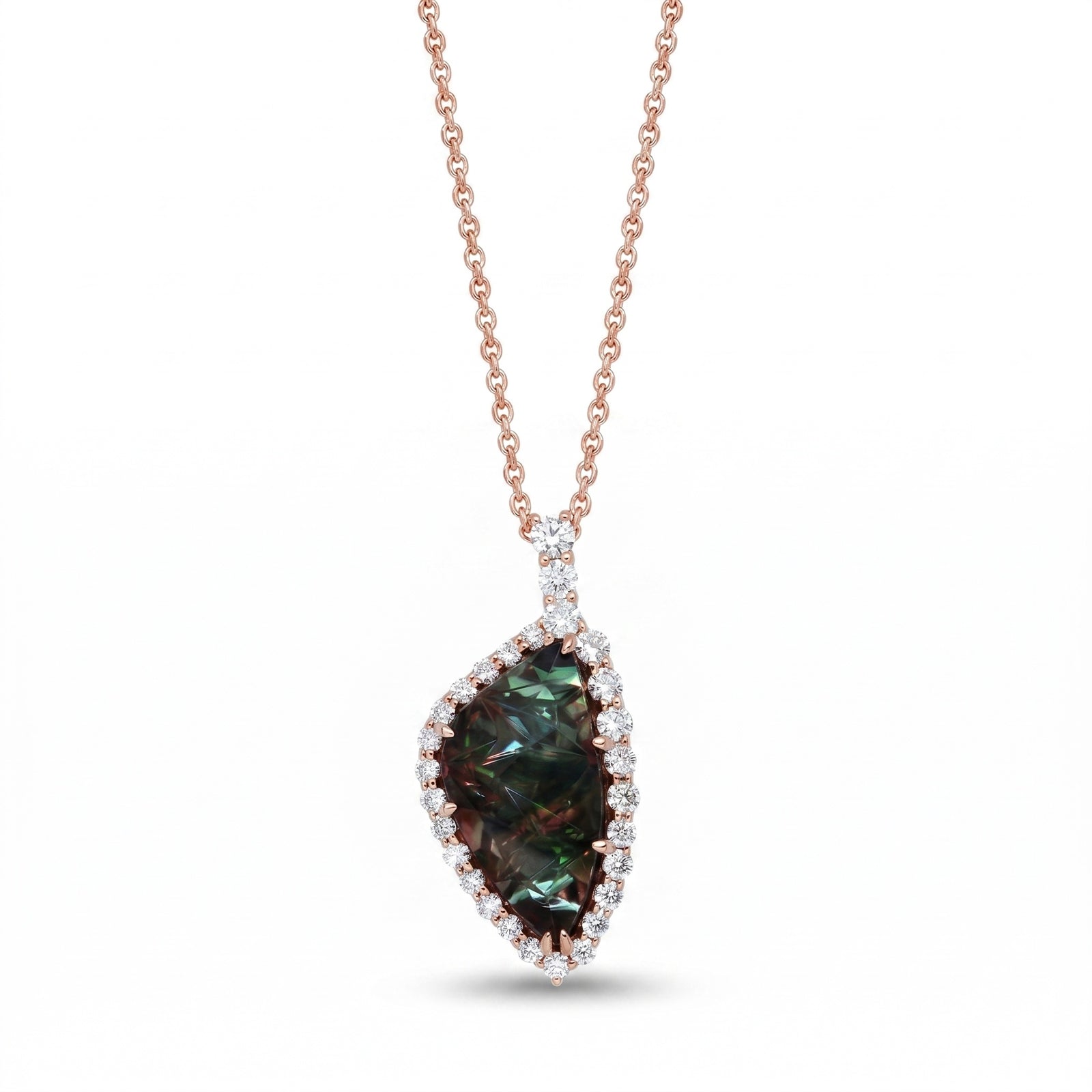 Diamond & Green Tourmaline Rose Gold Halo Necklace No. 146