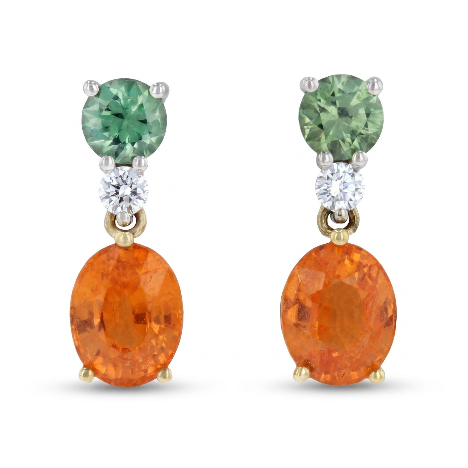 Orange Sapphire & Green Tourmaline Two-Tone Gold Earrings No. 170
