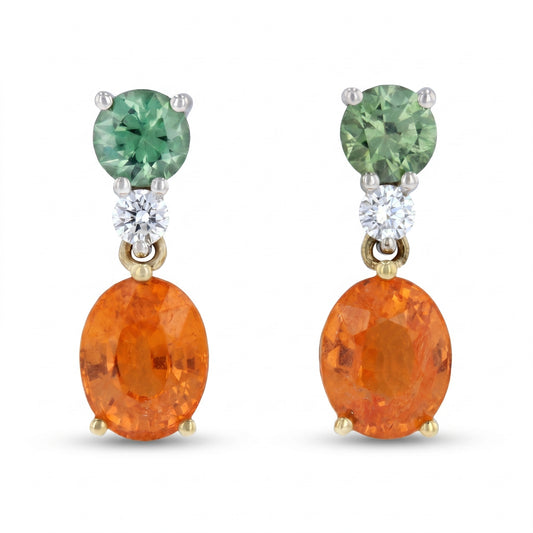 Orange Sapphire & Green Tourmaline Two-Tone Gold Earrings No. 170