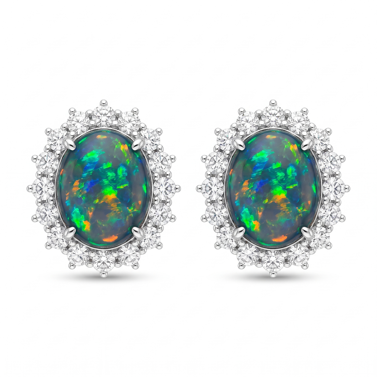 Black Opal & Diamond White Gold Cluster Earrings No. 403