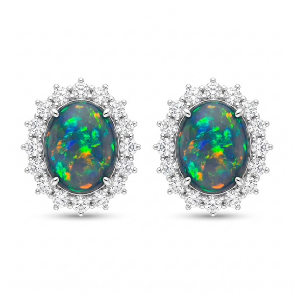 Black Opal & Diamond White Gold Cluster Earrings No. 403