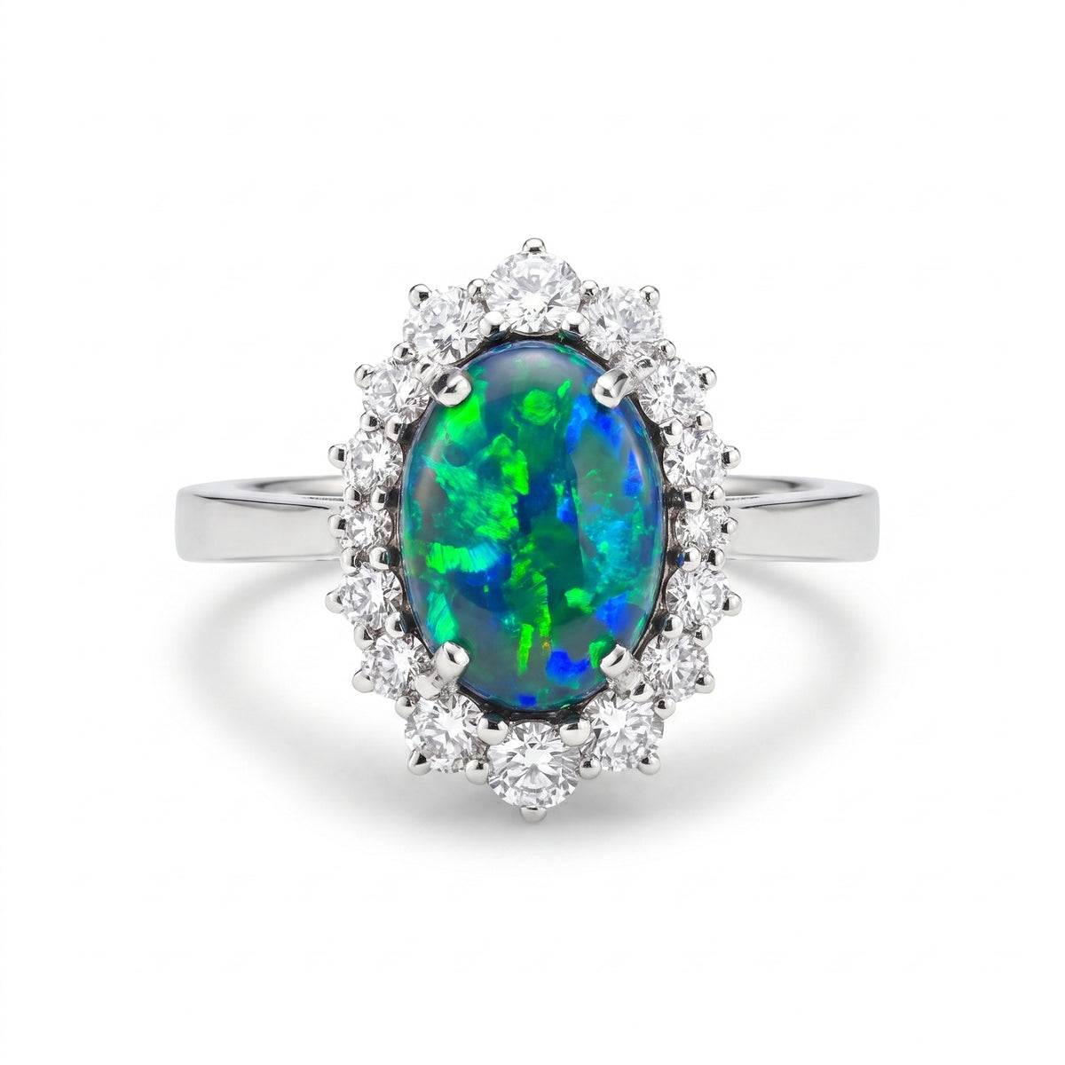 Black Opal & Diamond White Gold Halo Ring No. 388