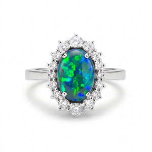 Black Opal & Diamond White Gold Halo Ring No. 388