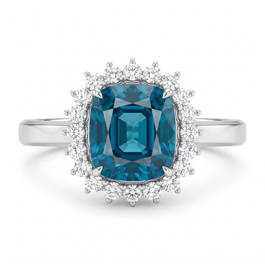 Blue Zircon & Diamond White Gold Halo Ring No. 386