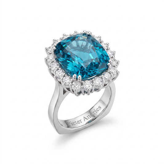 Blue Zircon & Diamond White Gold Halo Ring No. 386